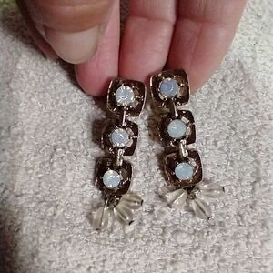 Silvertone square white stone dangle earrings no backs